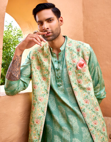 Printed Short Kurta with Open Bundi