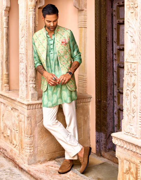 Printed Short Kurta with Open Bundi