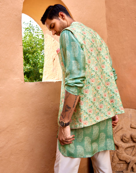 Printed Short Kurta with Open Bundi