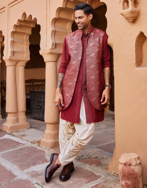 Solid Kurta with Jacquard Bundi