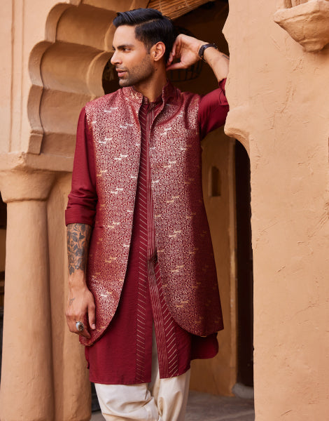 Solid Kurta with Jacquard Bundi