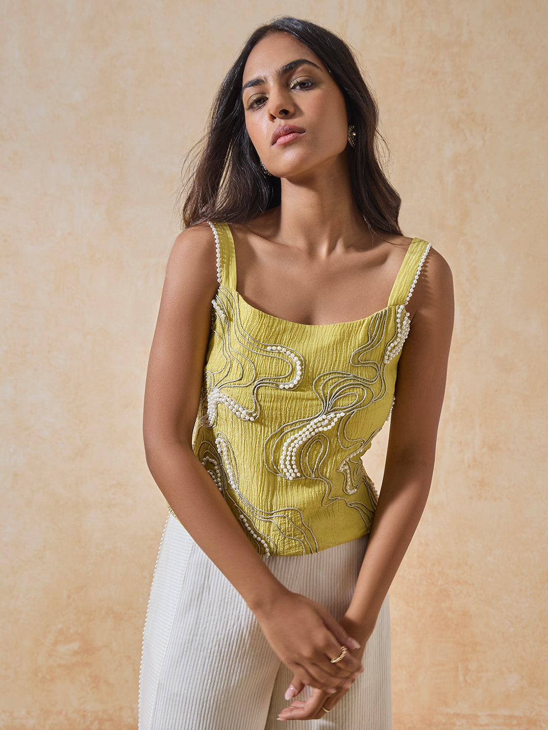 Embroidered Beaded Top - Yellow