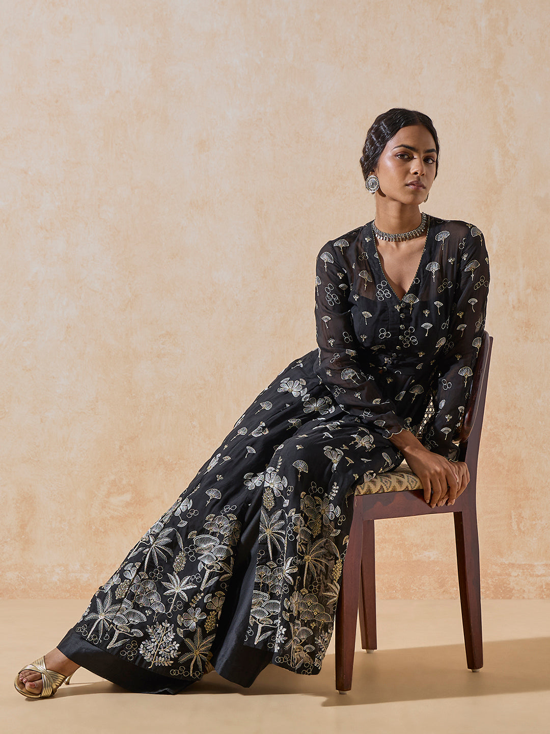 Embroidered A-Line Kurta - Black