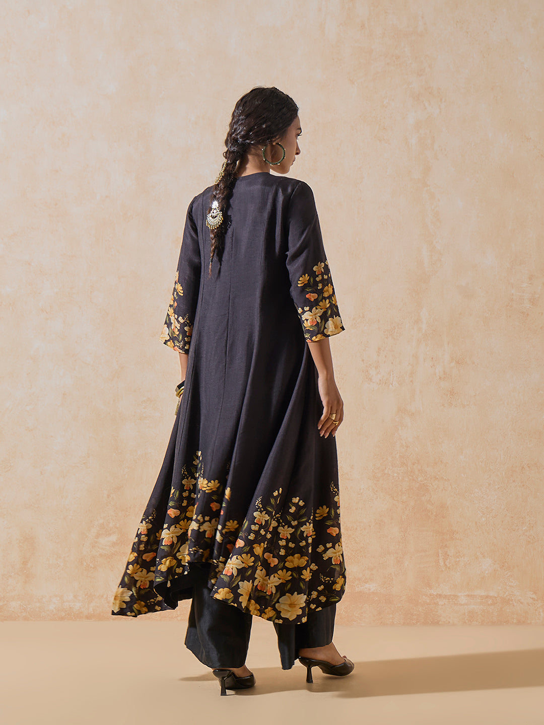 Printed High-Low Kurta - Black
