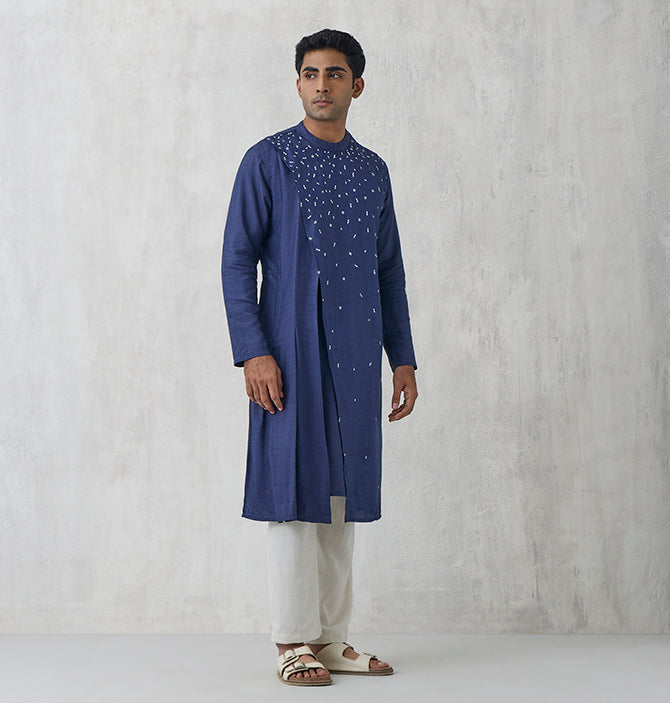 Asymmetric Embroidered Kurta – Navy