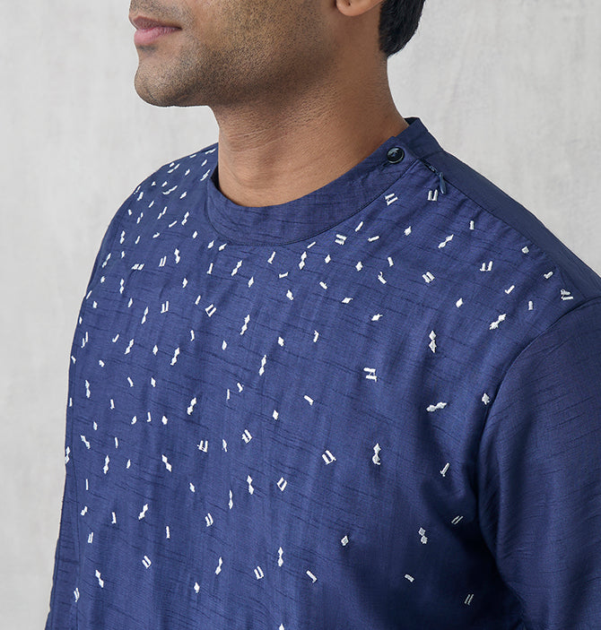 Asymmetric Embroidered Kurta – Navy