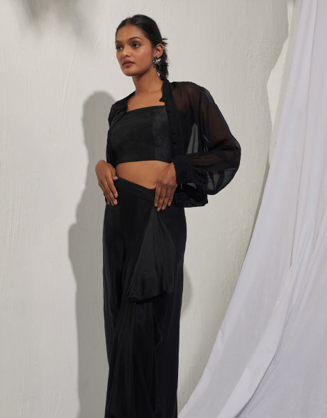 Organza Shirt and Draped Dhoti Skirt Set with Bustier