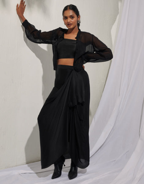 Organza Shirt and Draped Dhoti Skirt Set with Bustier