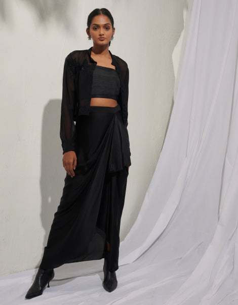 Organza Shirt and Draped Dhoti Skirt Set with Bustier