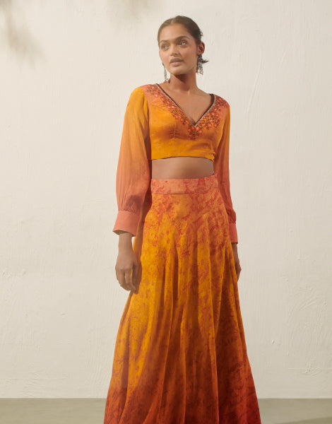 Ombre Printed Blouse and Skirt Set