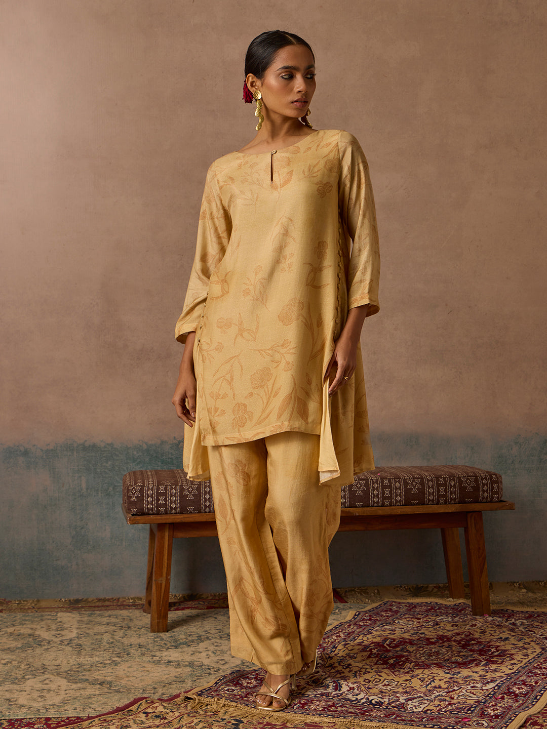 Printed Kurta and Pant Set - Gold