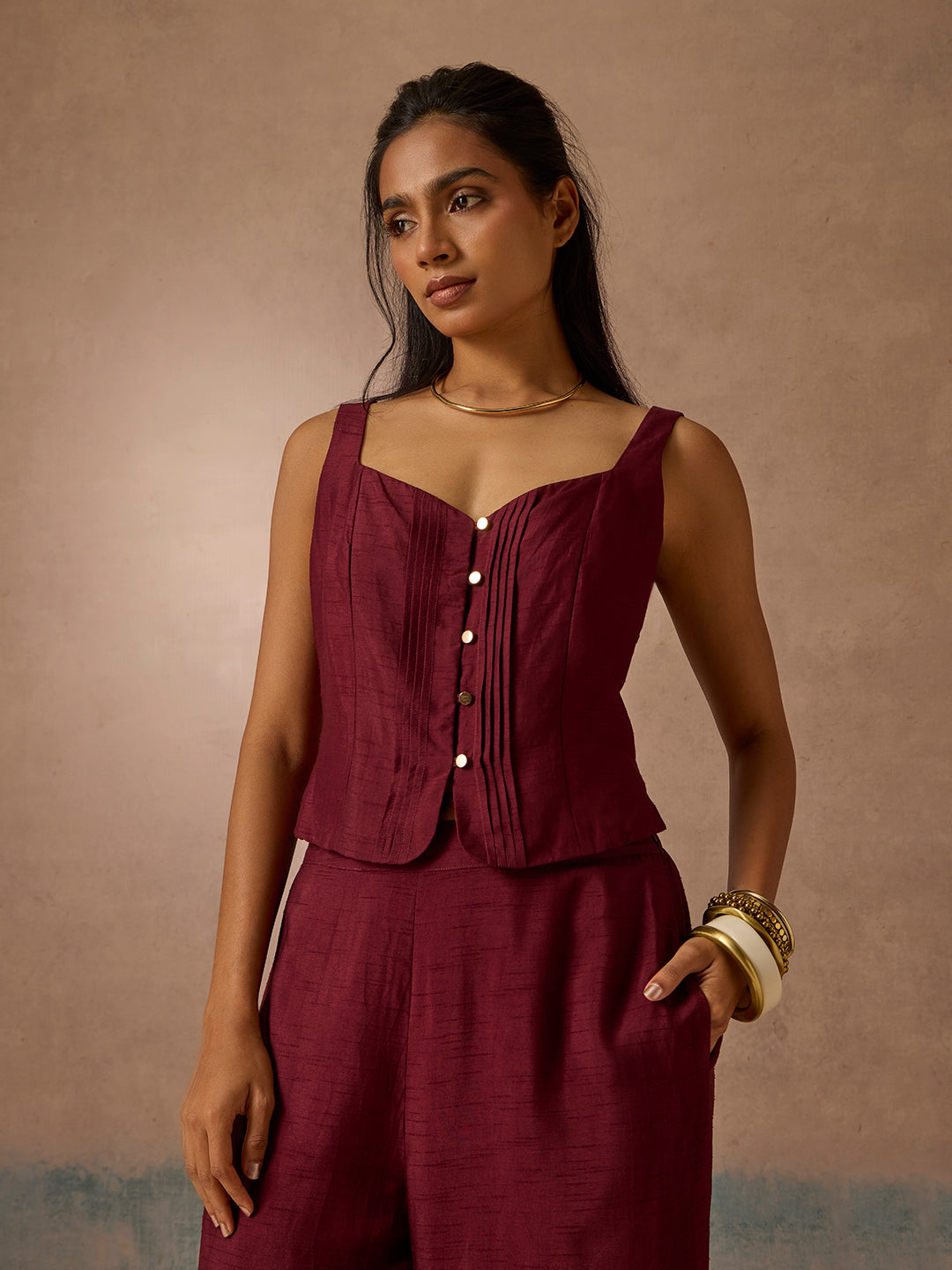 Pintuck Top - Maroon