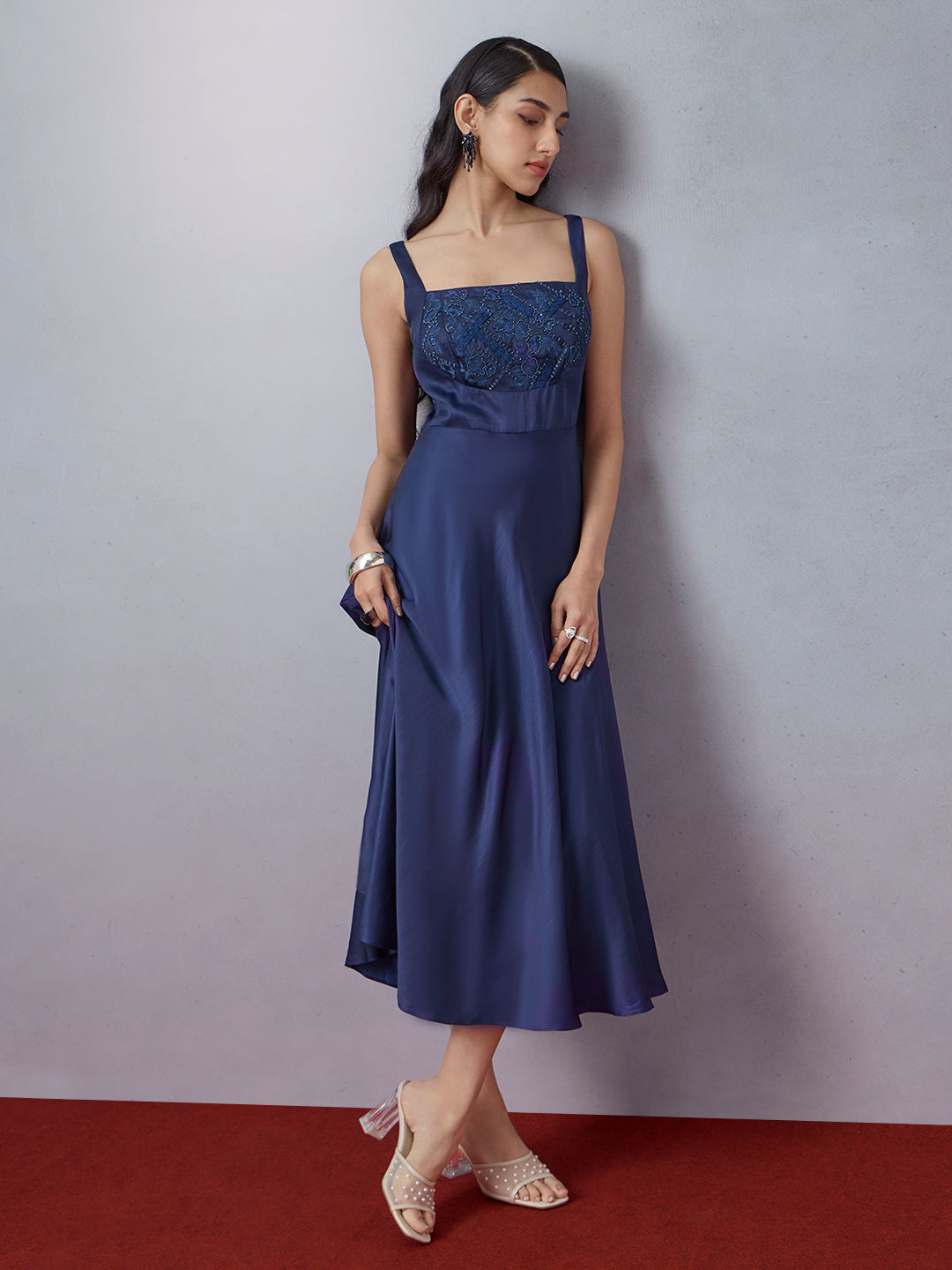 Embroidered Midi Dress - Blue