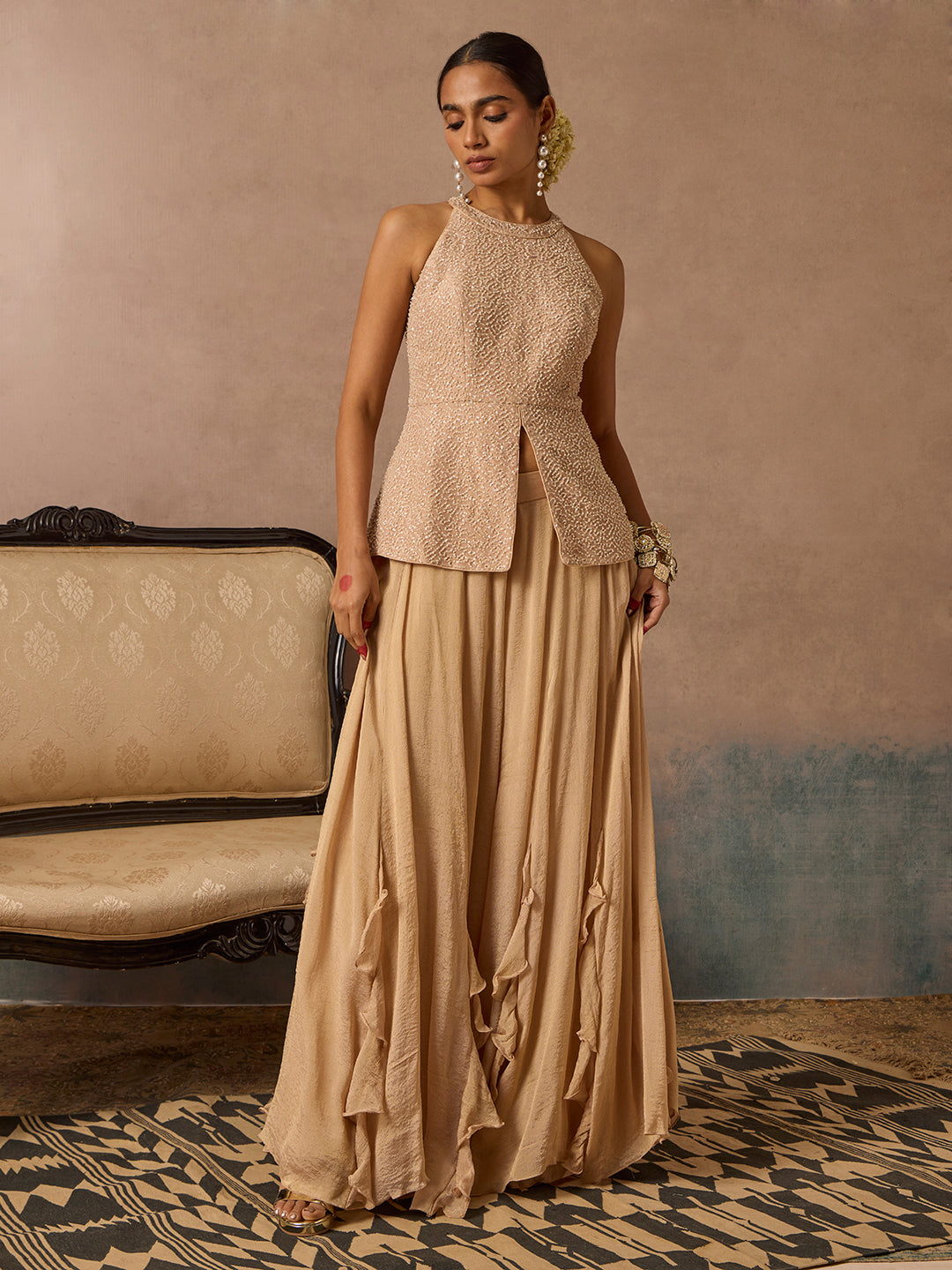 Embellished Top with Pants Set - Beige