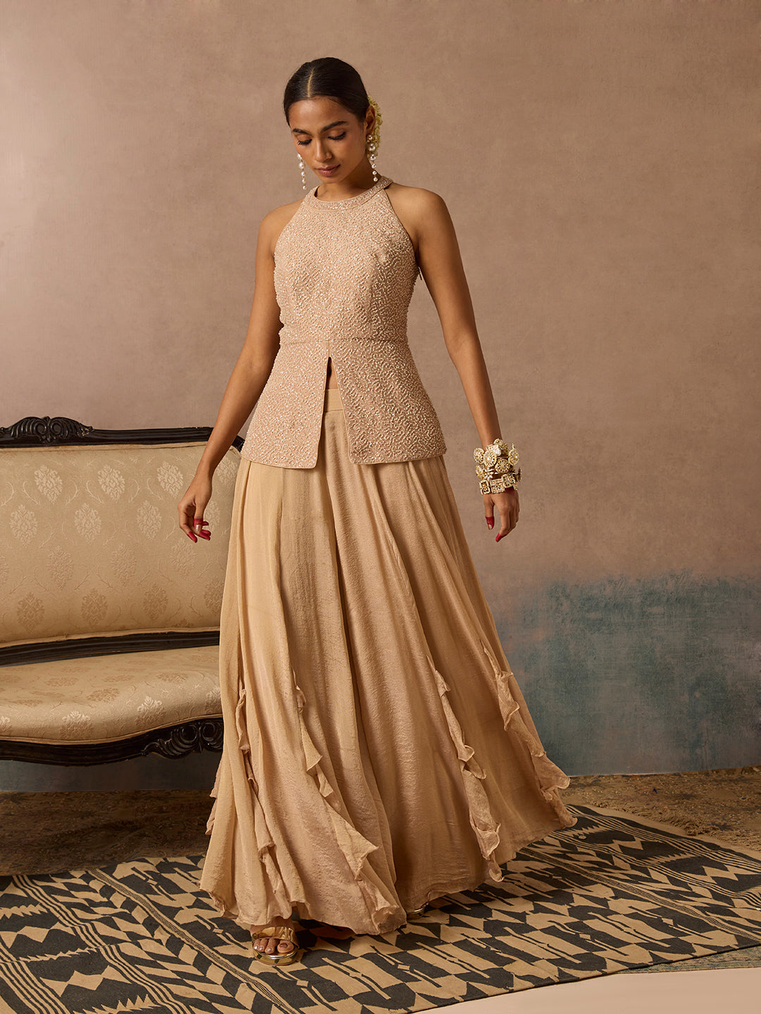 Embellished Top with Pants Set - Beige