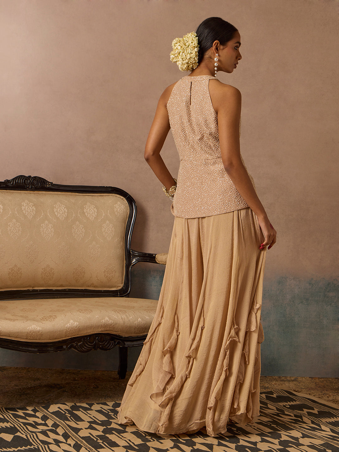 Embellished Top with Pants Set - Beige