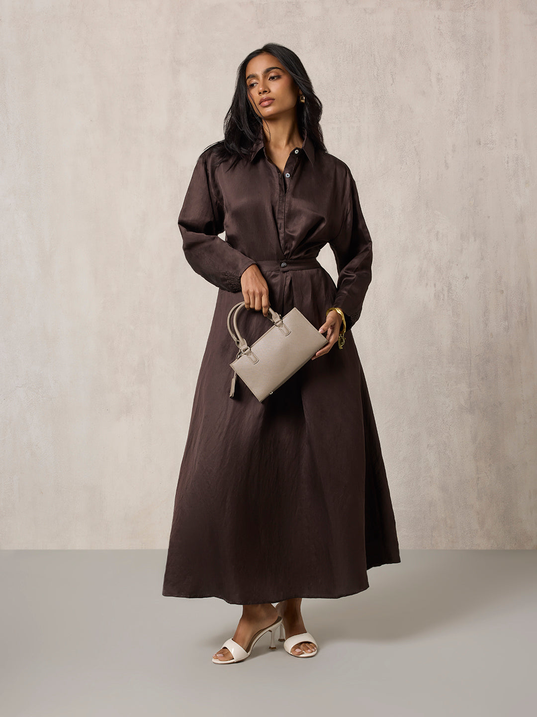 Solid Shirt Dress - Brown