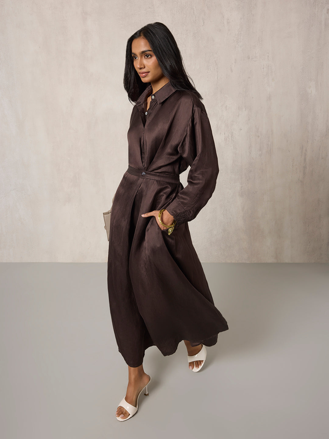 Solid Shirt Dress - Brown