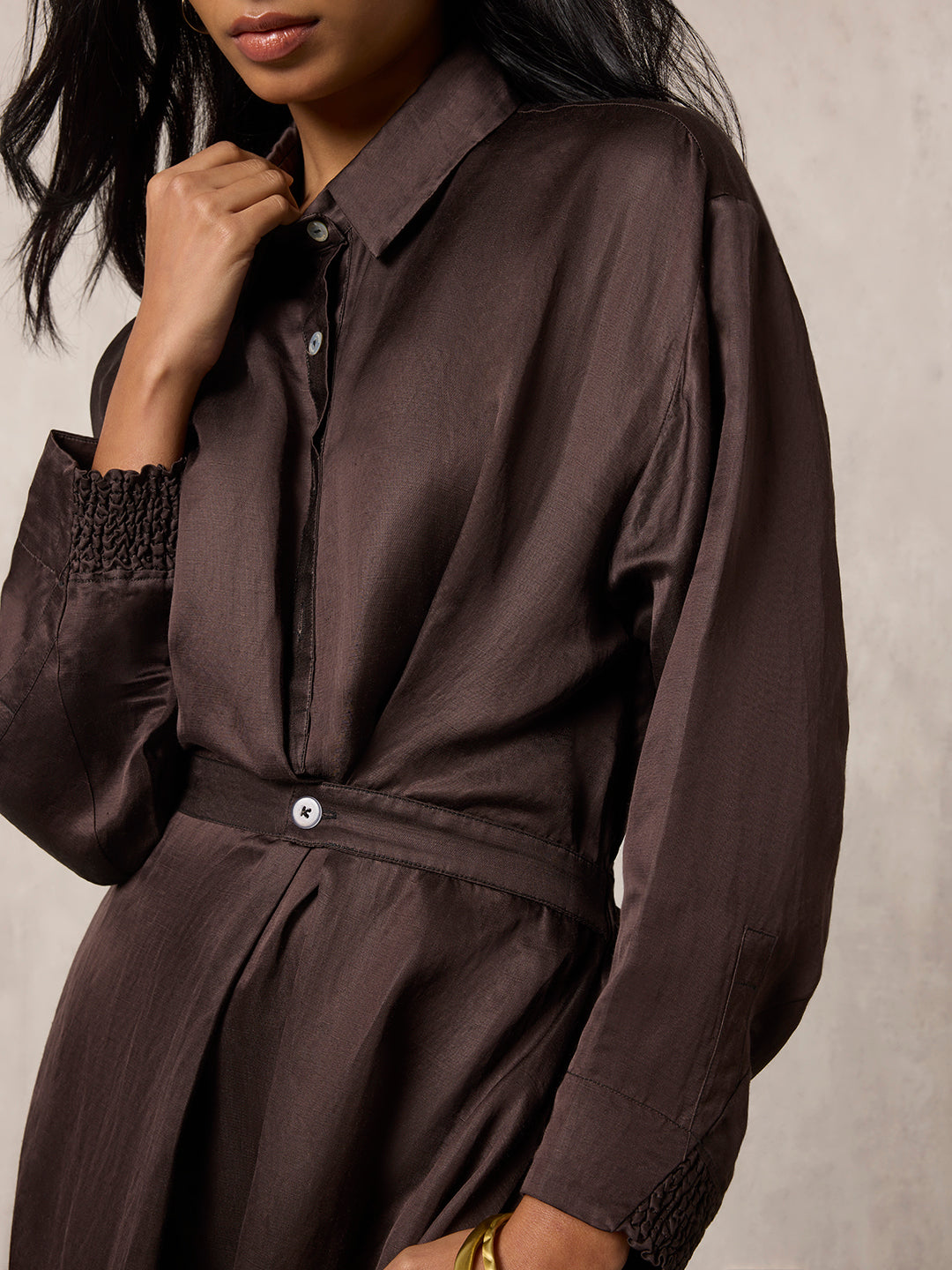 Solid Shirt Dress - Brown