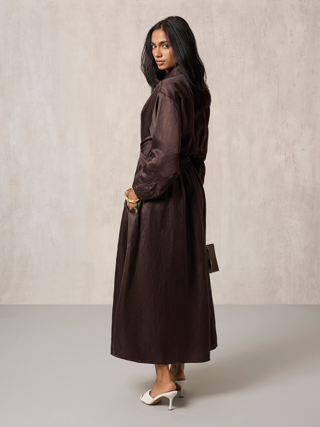 Solid Shirt Dress - Brown