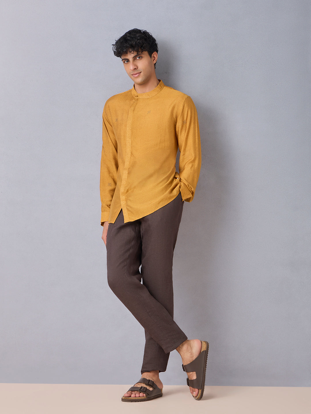 Self-Patterned Short Kurta - Yellow