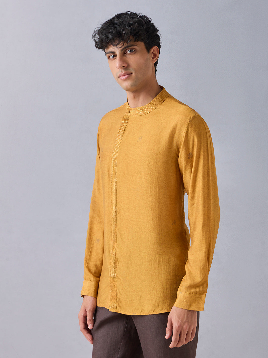 Self-Patterned Short Kurta - Yellow