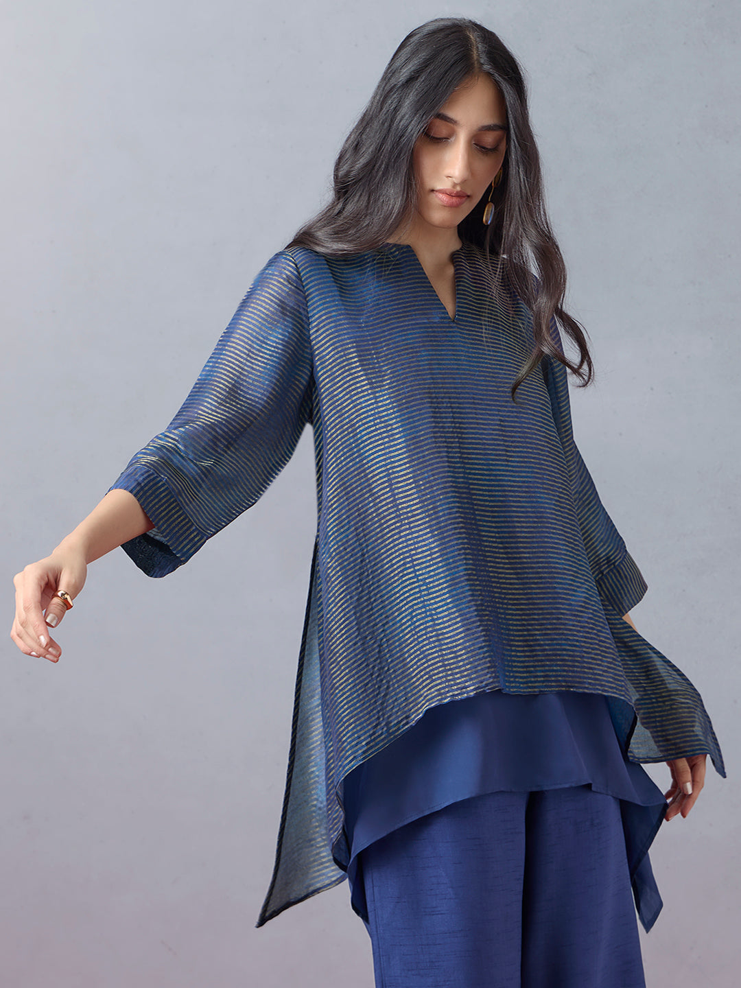 Striped High-Low Kurta - Blue