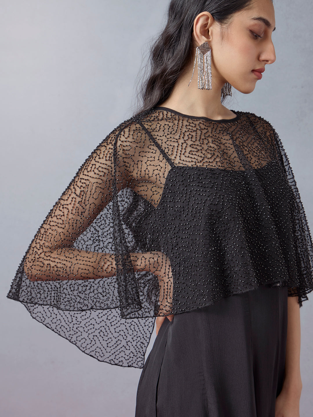 Dress with Beaded Cape - Black