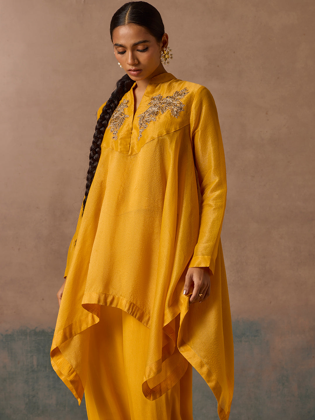 Mustard Embroidered Asymmetric Kurta