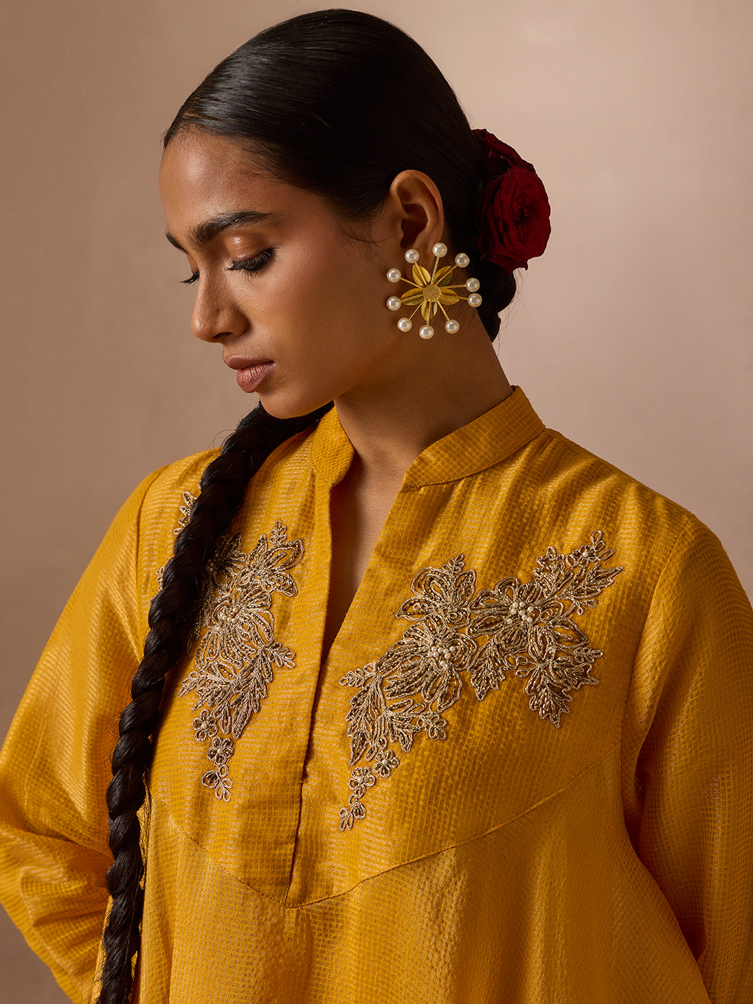 Mustard Embroidered Asymmetric Kurta