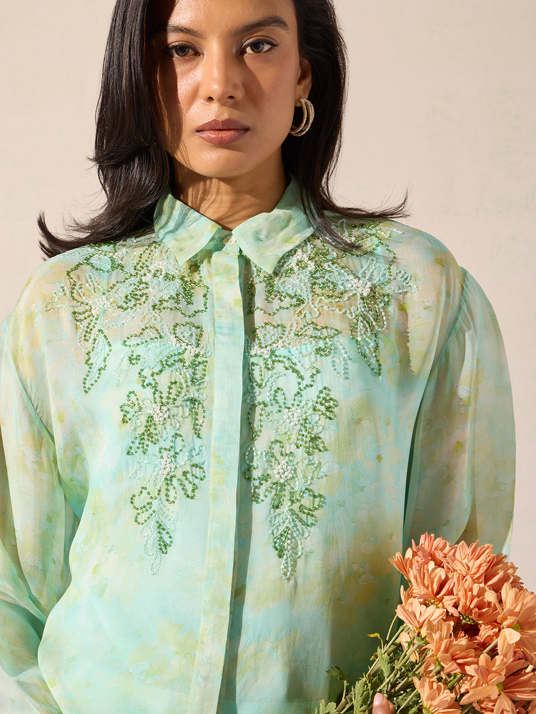 Blue Embellished Shirt with Camisole