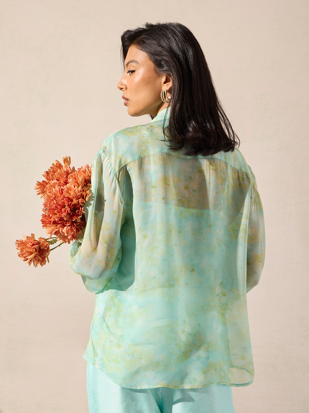 Blue Embellished Shirt with Camisole