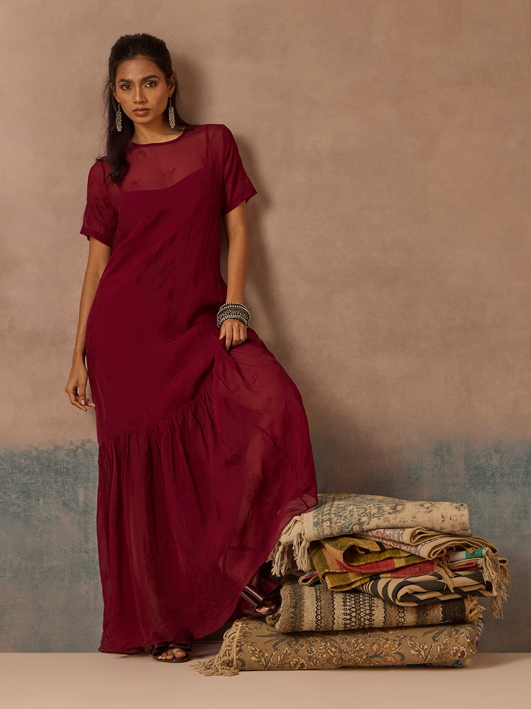 Sheer Dress with Slip - Maroon