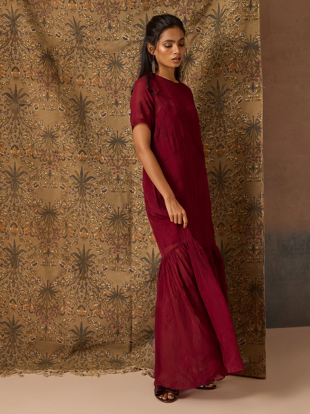 Sheer Dress with Slip - Maroon