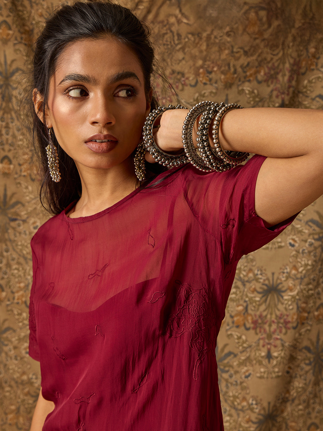 Sheer Dress with Slip - Maroon