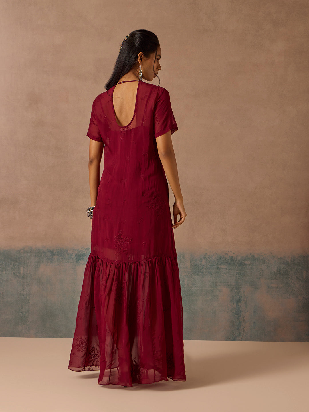 Sheer Dress with Slip - Maroon