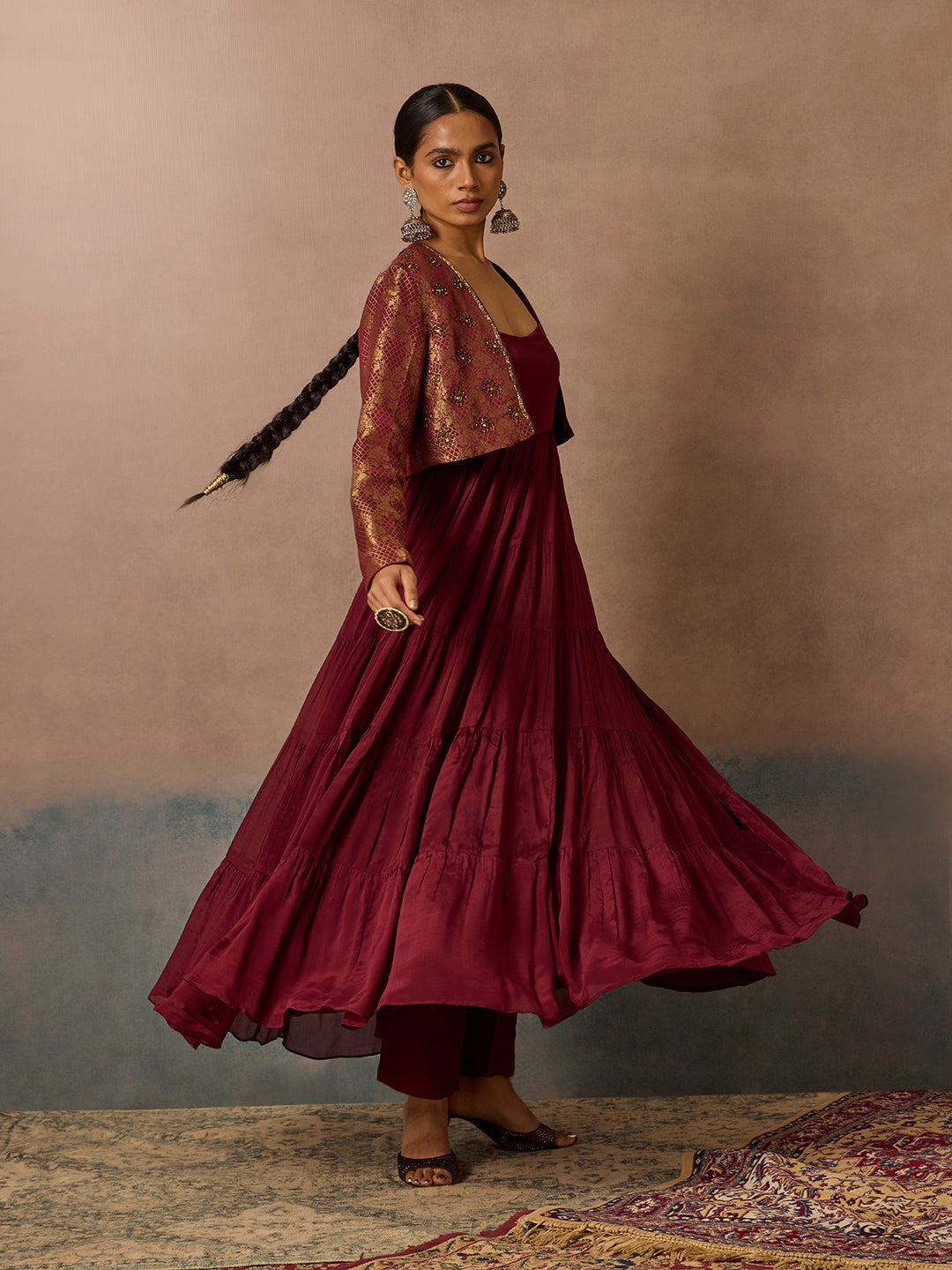 Maroon Kurta, Jacket and Pants Set