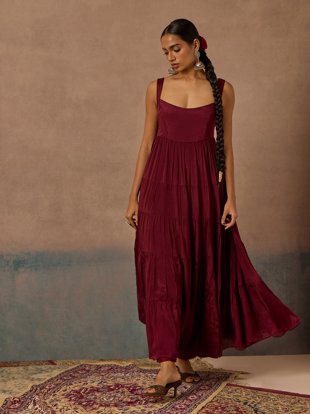 Maroon Kurta, Jacket and Pants Set