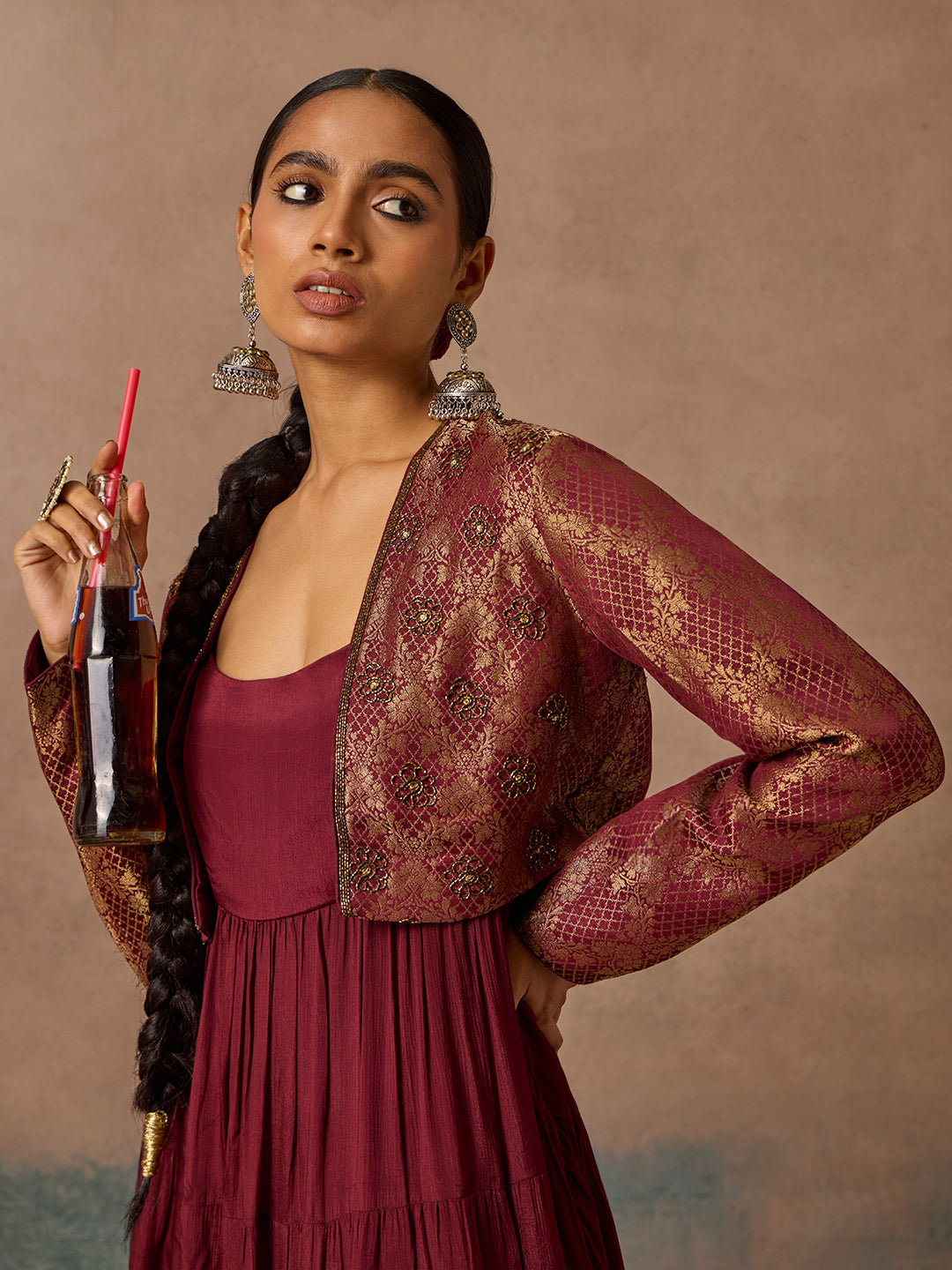 Maroon Kurta, Jacket and Pants Set