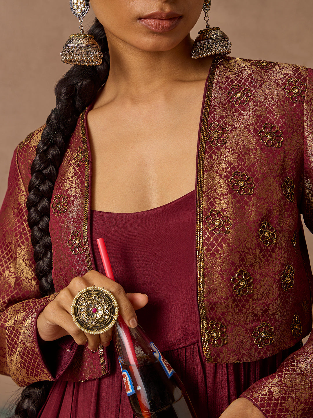 Maroon Kurta, Jacket and Pants Set