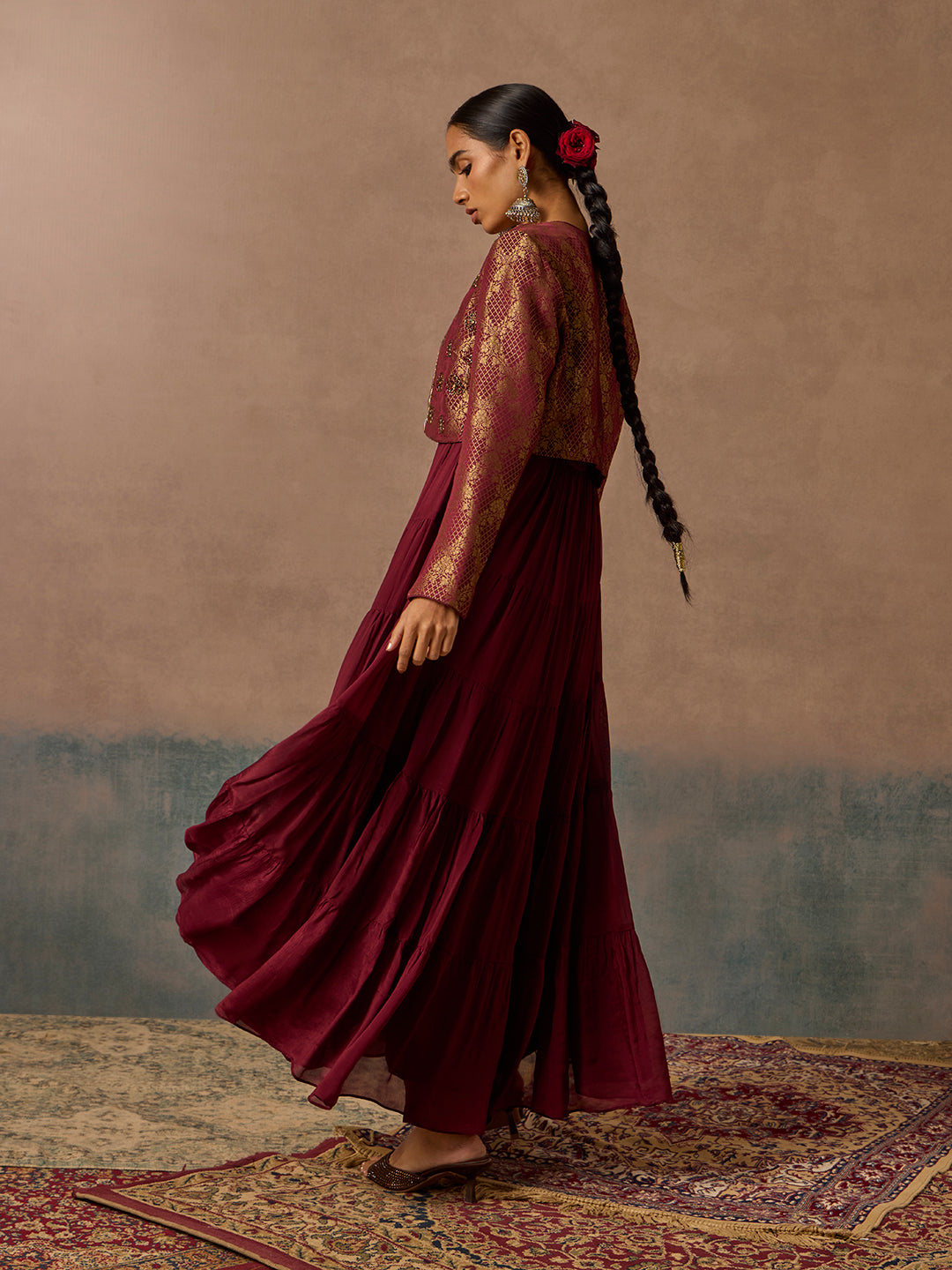 Maroon Kurta, Jacket and Pants Set