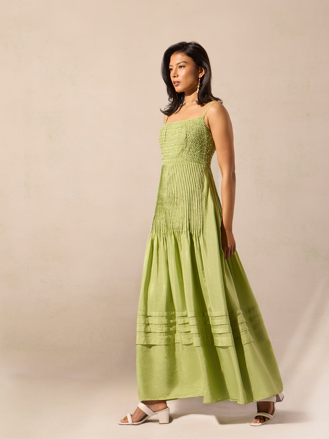 Pintuck Maxi Dress - Green