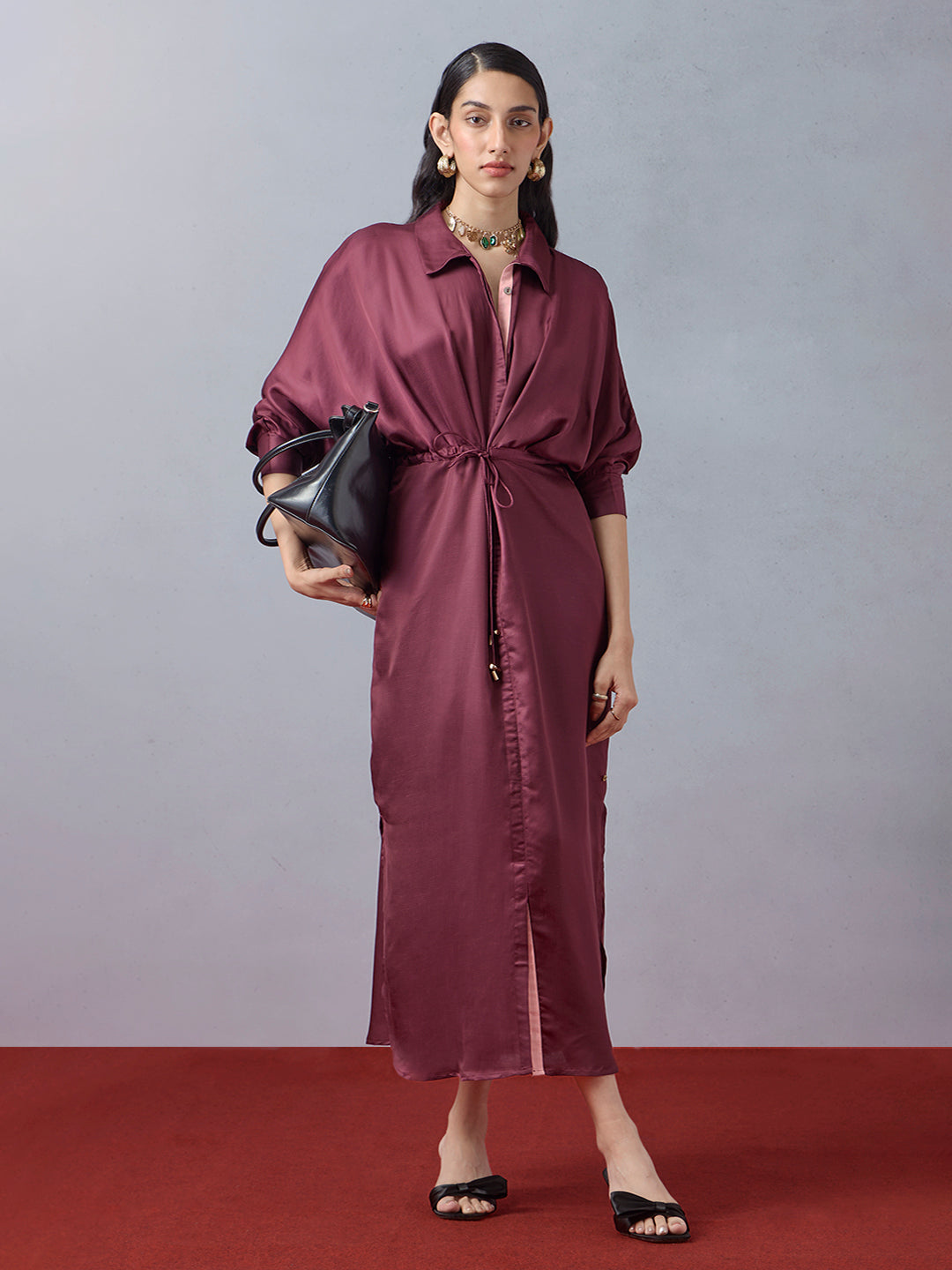 Satin Shirt Dress - Maroon