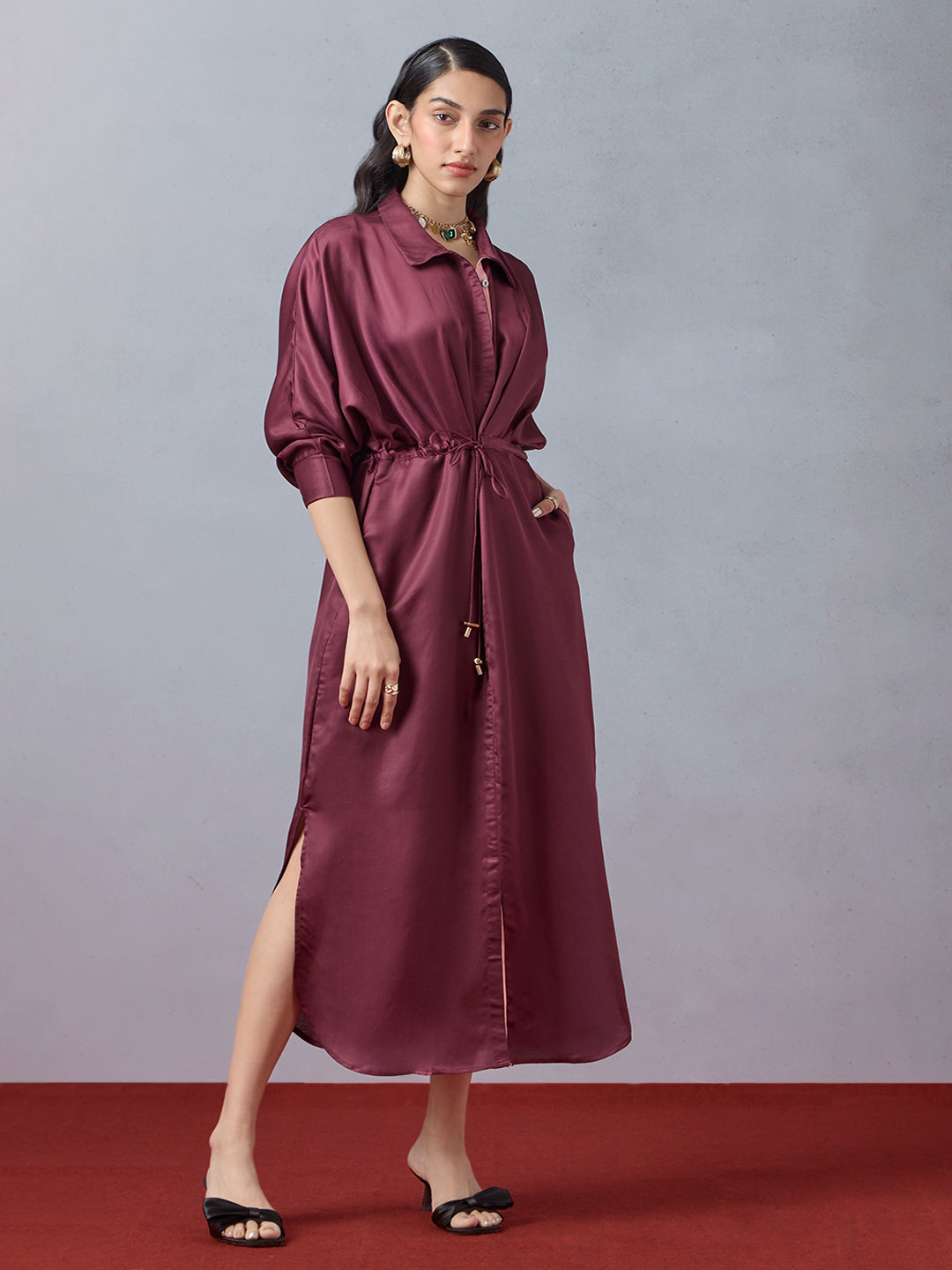 Satin Shirt Dress - Maroon