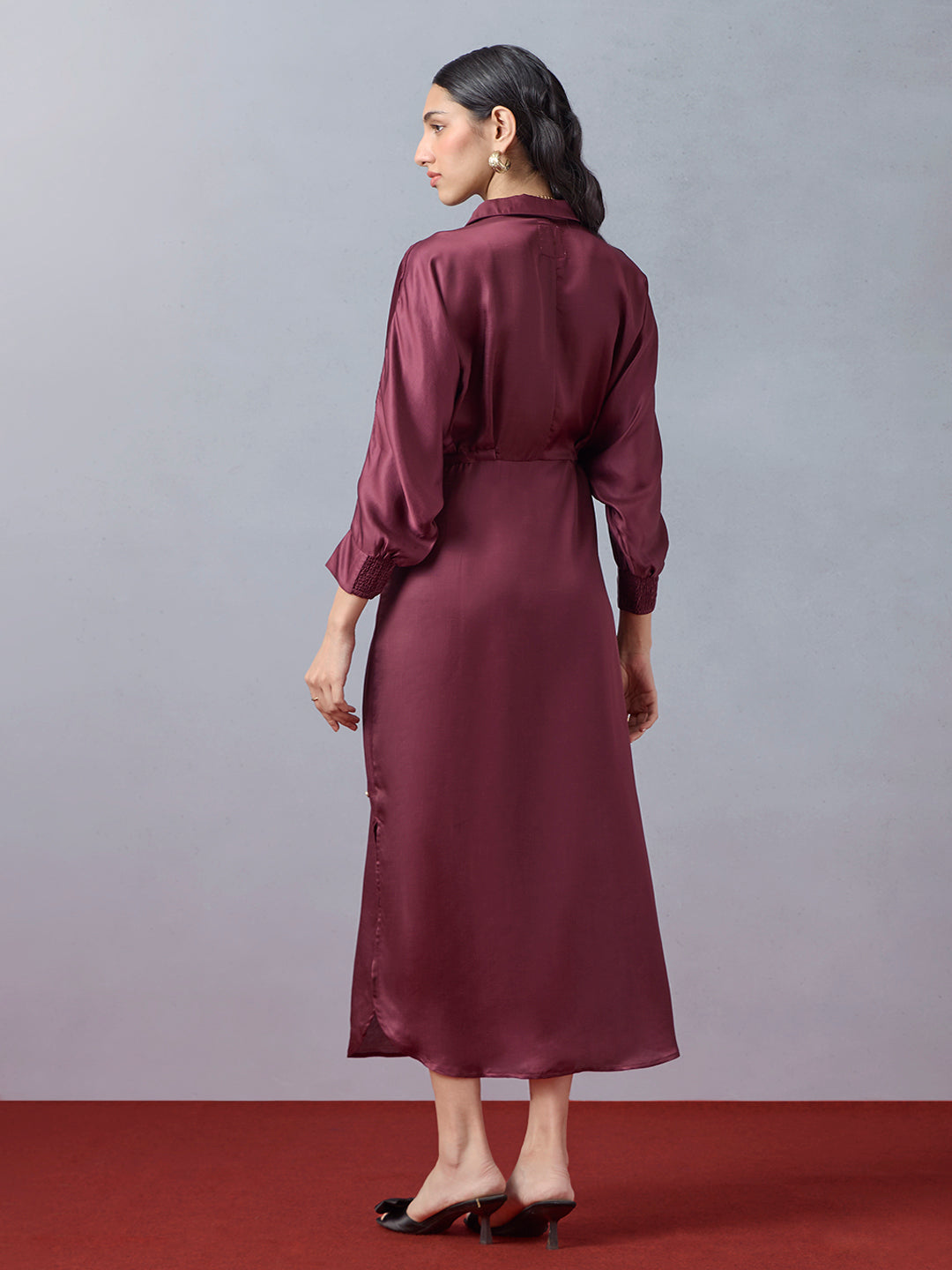 Satin Shirt Dress - Maroon