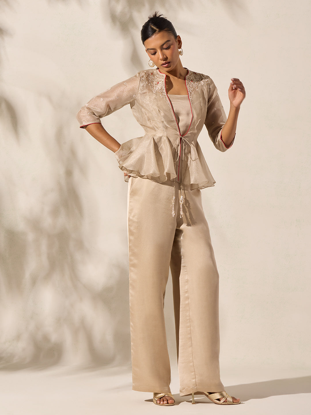 Embroidered Peplum Top - Beige