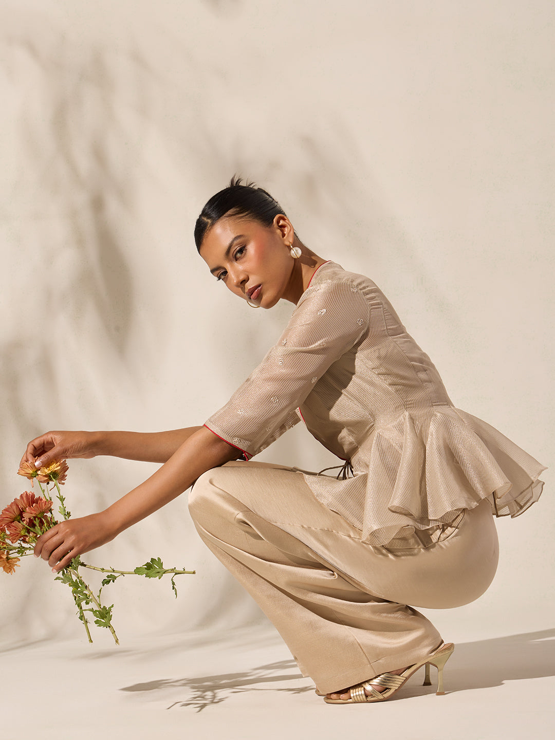 Embroidered Peplum Top - Beige