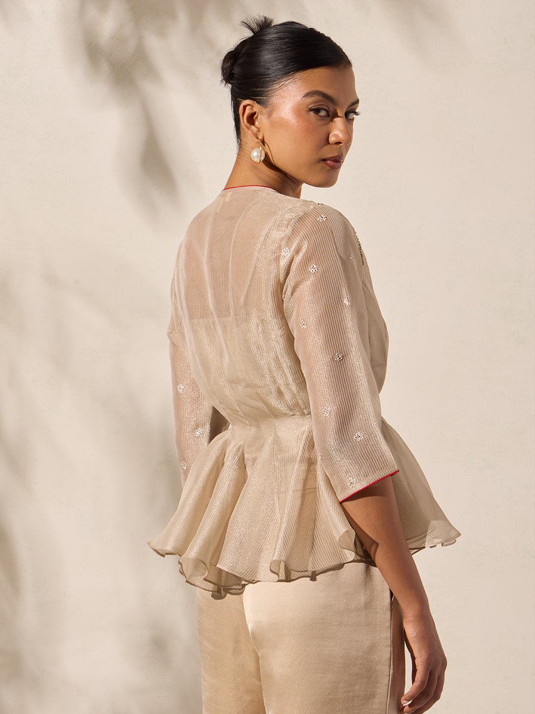 Embroidered Peplum Top - Beige