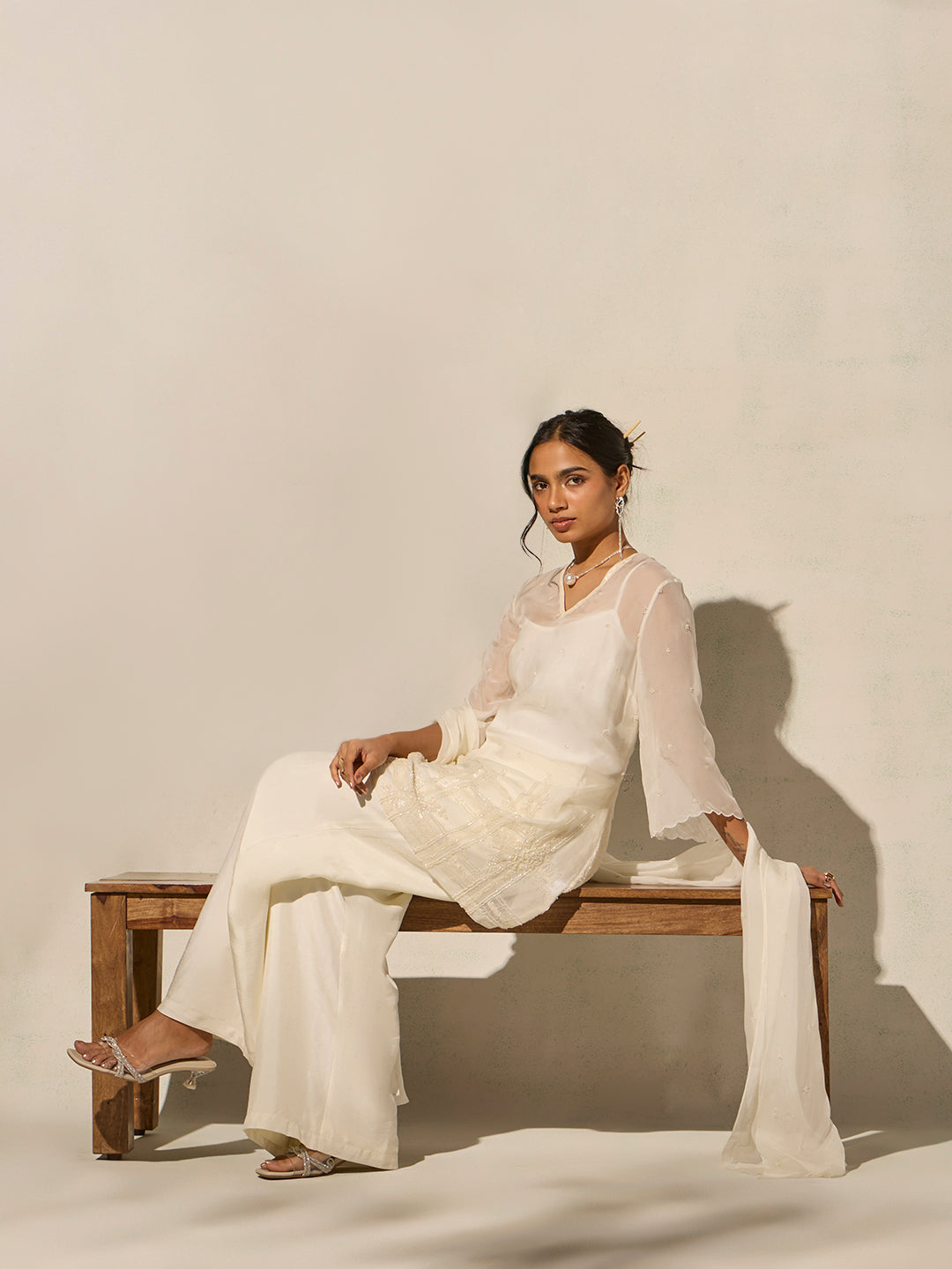 Embellished Kurta Set - Cream