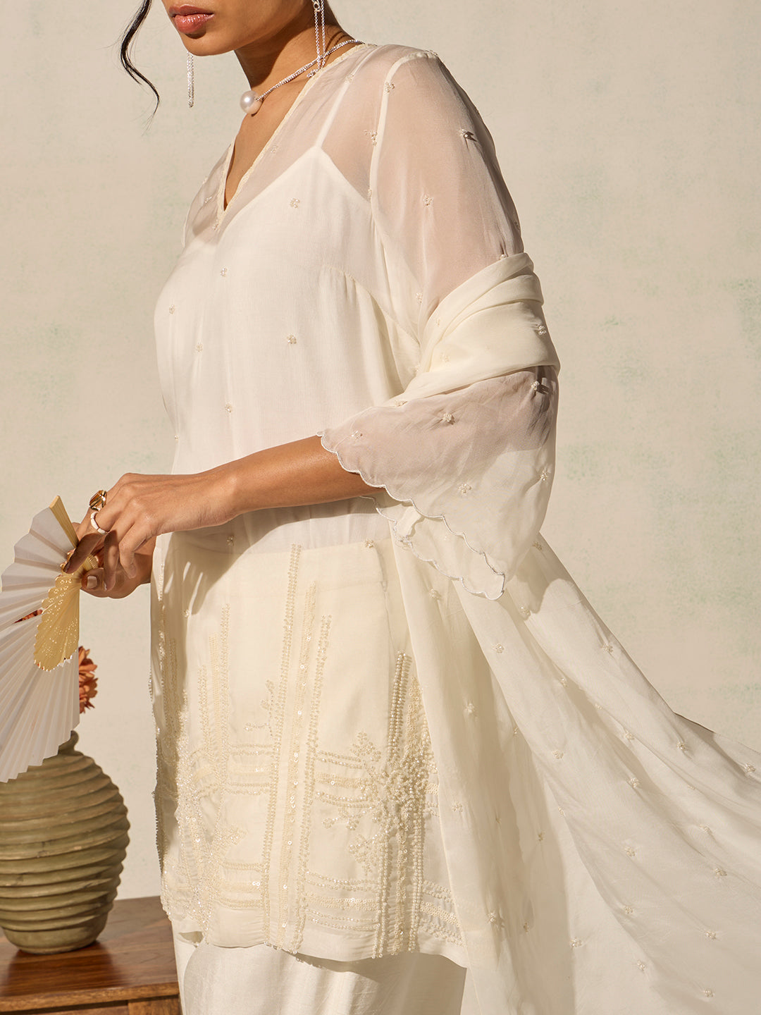 Embellished Kurta Set - Cream